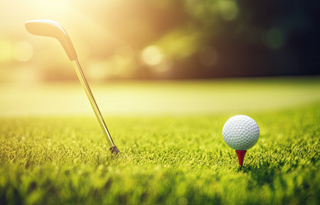 a golf club on top of a ball in grassの素材