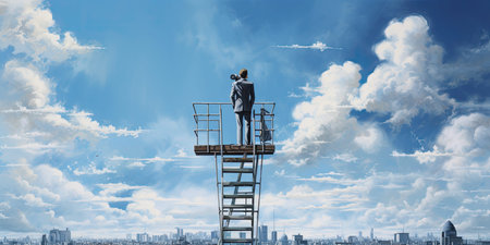 businessman standing on ladderの素材