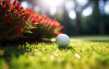 a golf club on top of a ball in grassの素材