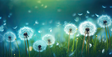 dandelion grasses on a green backgroundの素材