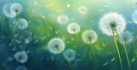 dandelion grasses on a green backgroundの素材