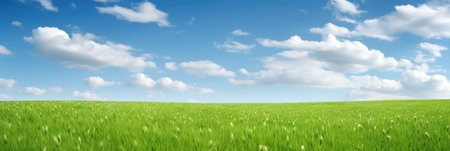 a green grass field against a blue skyの素材
