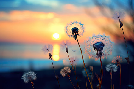 dandelion buds with a sunsetの素材