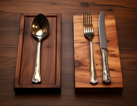 knives spoons forks and a knife on a dark woodenの素材