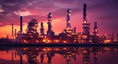 gas refinery surrounded by pipes at duskの素材