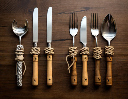 knives spoons forks and a knife on a dark woodenの素材