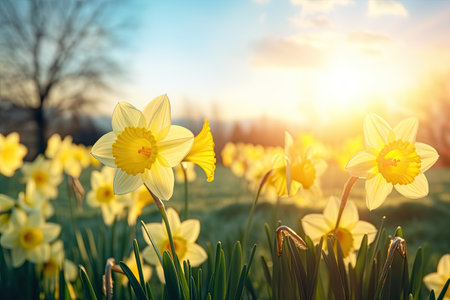 yellow daffodils are growing in the lawnの素材