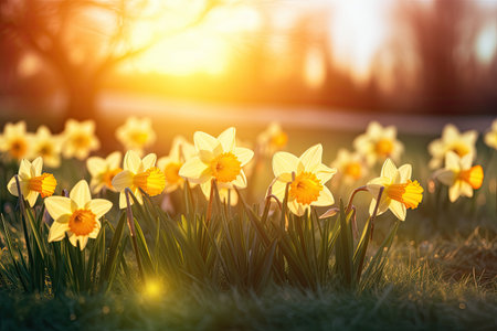 yellow daffodils are growing in the lawnの素材