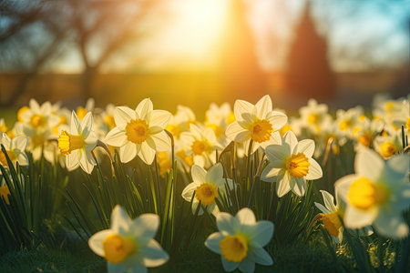 yellow daffodils are growing in the lawnの素材