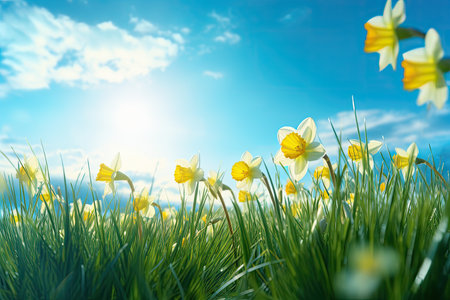 yellow daffodils are growing in the lawnの素材