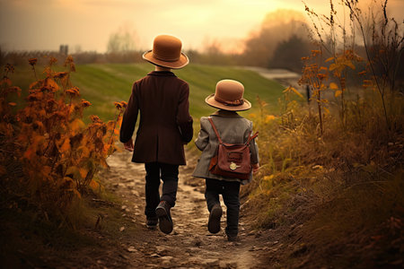 young guys in hats walk up the trailの素材