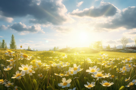 yellow daffodils are growing in the lawnの素材
