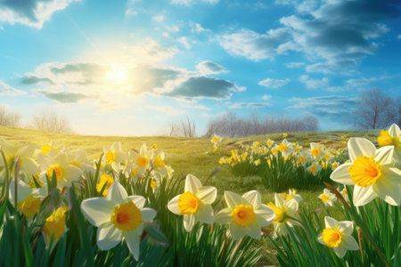 yellow daffodils are growing in the lawnの素材