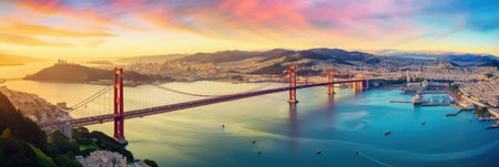 the golden gate bridge is seen from above as it entersの素材