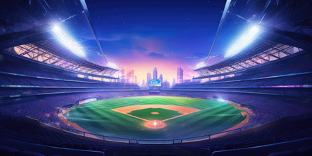 the sun rising over the baseball stadiumの素材