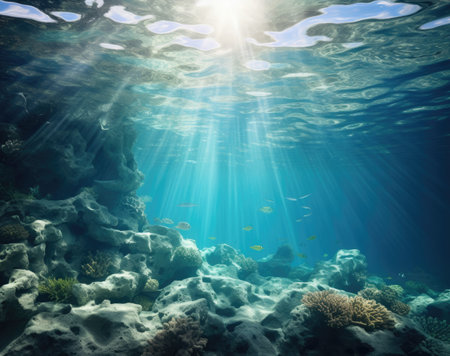 underwater oceanic reefs under clear blue skiesの素材