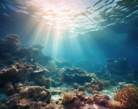 underwater oceanic reefs under clear blue skiesの素材