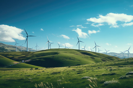 a hillside with white wind turbinesの素材