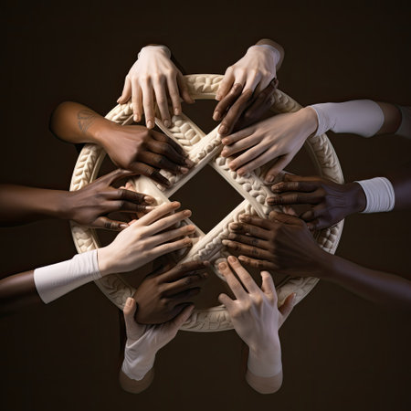multiple hands with their hands together in a circleの素材
