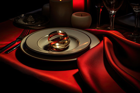 red rings sits on a table settingの素材