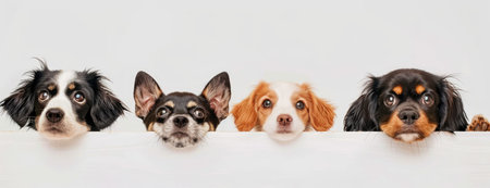 Dogs and cats peeking over a white wall, showcasing various dog breedsの素材