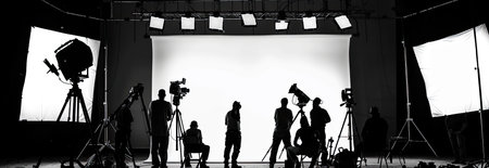Blackandwhite photo of people standing in room, captured in monochrome styleの素材
