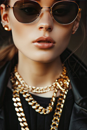 A close up of a woman with black sunglasses, showcasing her nose, lip, eyebrow, mouth, and eyelash. She is also adorned with a lot of gold jewelryの素材