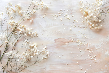 Babys breath flowers adorn a rustic wooden tableの写真素材