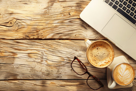 A coffee cup, glasses, laptop, and notebook sit on a wooden tableの素材