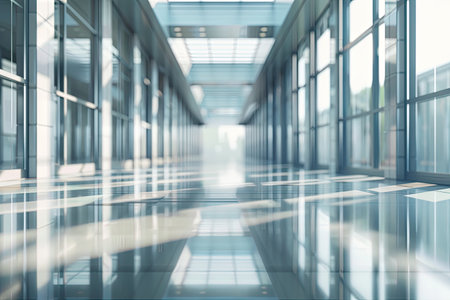 A hospital hallway with lots of windows and an electric blue floorの素材