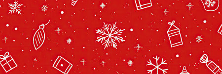 A seamless pattern of Christmas icons on a red backgroundの素材