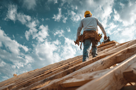 Worker in yellow hard hat ascends wooden roof structure, surrounded by clouds and blue sky, demonstrating skill and commitment to construction and renovation tasksの素材
