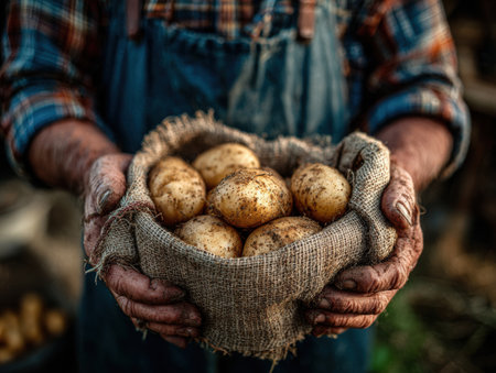 Agricultural worker presents burlap sack brimming with freshly harvested potatoes, highlighting the essence of farming and the relationship with the earth's resourcesの素材