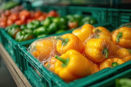 Yellow bell peppers wrapped in plastic are arranged in green crates, surrounded by red and green peppers, highlighting freshness and variety in a market environmentの素材