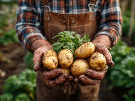 Experienced farmer displays freshly harvested potatoes and green leaves in hands, surrounded by vibrant garden plants, highlighting the connection to nature and hard workの素材