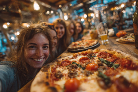 Friends gather around a wooden table, smiling for a selfie while enjoying pizza with various toppings, creating a lively and inviting dining experienceの素材