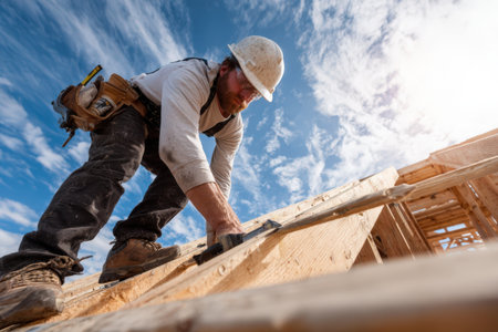 Construction worker in safety gear is shaping wooden beams on a building site, with a clear blue sky above, demonstrating commitment to quality and safety in constructionの素材
