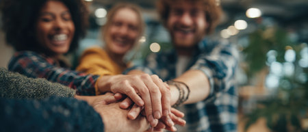 Diverse group of friends joyfully stacking hands together in a collaborative gesture, showcasing teamwork and unity in a vibrant workspace filled with greenery and natural lightの素材