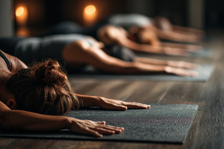 Women engaged in yoga practice, lying on mats with arms stretched, in a tranquil studio setting, promoting relaxation and mindfulness through shared experienceの素材