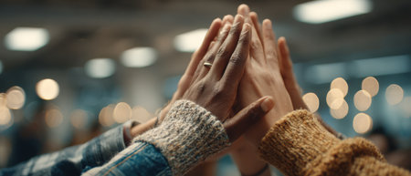 Hands of various individuals are raised together in a joyful display, representing collaboration and unity in a vibrant, modern workspace filled with warm lightingの素材