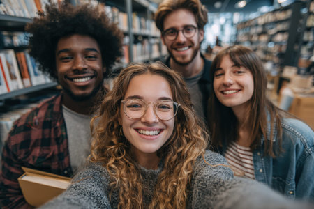 Diverse group of young adults poses for a selfie in a library, surrounded by shelves of books, capturing a moment of joy and connection among friendsの素材