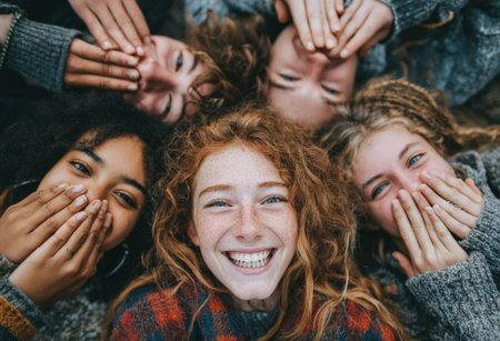 Diverse group of young women with curly hair, joyfully laughing and covering their mouths, creating a warm and playful atmosphere in a natural outdoor environmentの素材