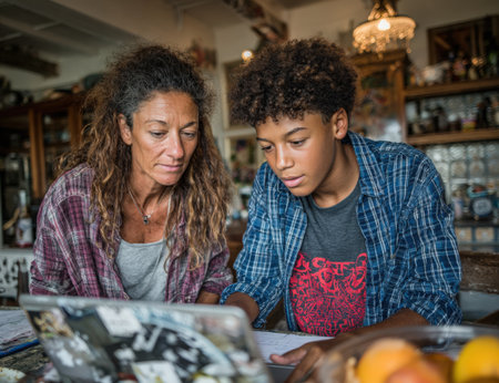 Woman and boy are focused on laptop in a cozy cafe, surrounded by vintage decor and warm lighting, illustrating a moment of shared learning and connectionの素材