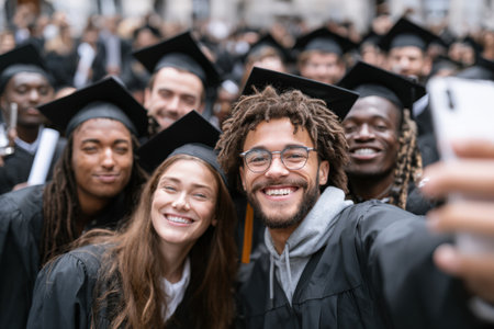 Diverse group of graduates wearing caps and gowns, happily taking a selfie to commemorate their graduation day, surrounded by friends and a festive atmosphereの素材