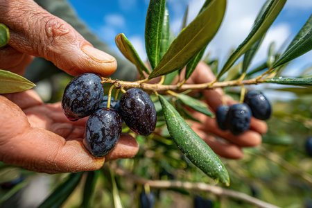 Hands carefully picking ripe black olives from a branch, surrounded by lush green leaves and a bright blue sky, highlighting the beauty of nature and agricultureの素材
