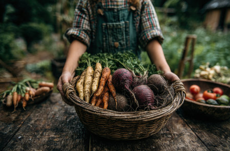 Child presents a basket brimming with vibrant vegetables, including carrots and beets, in a flourishing garden, highlighting the beauty of nature and sustainable livingの素材