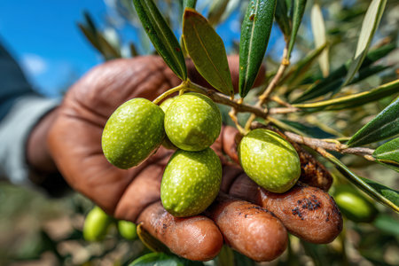 Hand displays fresh green olives on a branch, highlighting their vibrant colors and textures in a natural outdoor environment, showcasing agricultural beautyの素材