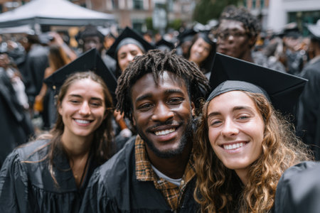 Diverse group of graduates in black caps and gowns, smiling together at a graduation ceremony, showcasing happiness, achievement, and friendship in a festive atmosphereの素材