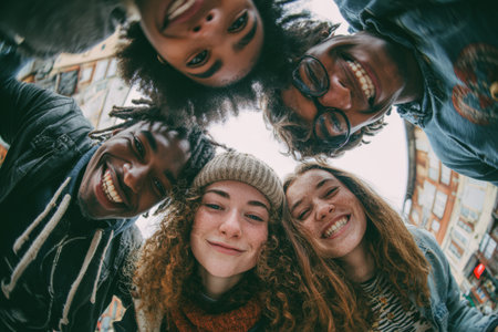 Diverse group of young adults is smiling and posing together outdoors, capturing a moment of friendship and connection in a lively urban setting filled with energyの素材