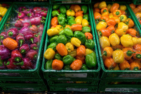 Fresh bell peppers in various colors are arranged in green crates at a grocery store, highlighting the vibrant hues and promoting healthy eating optionsの素材